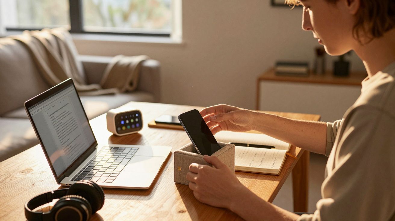 Pessoa a guardar telemóvel numa caixa cinzenta, ao lado de portátil, auscultadores e caderno numa mesa de madeira.