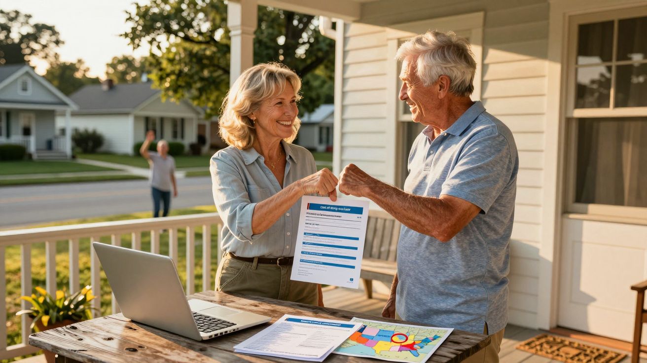 Casal sénior feliz a celebrar com punhos juntos num terraço com documentos e portátil.