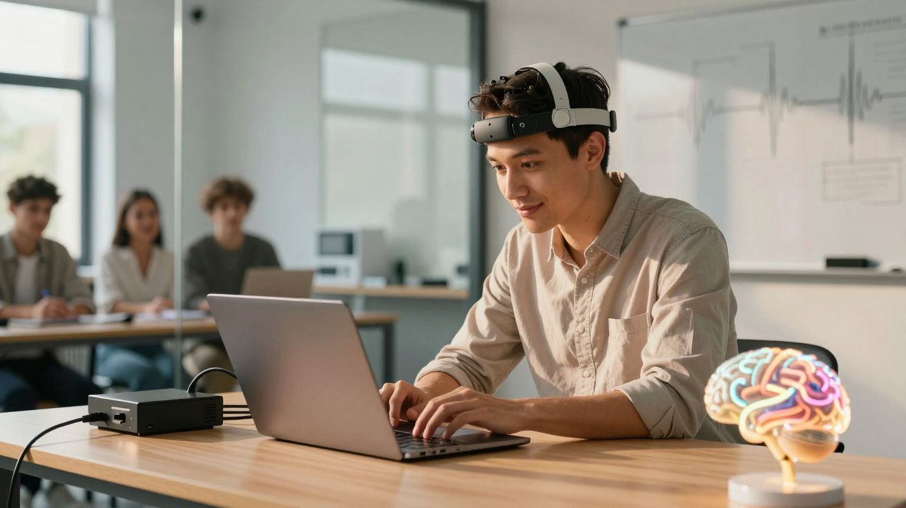 Jovem com dispositivo cerebral usado ao computador em sala, com cérebro iluminado na mesa e pessoas ao fundo.