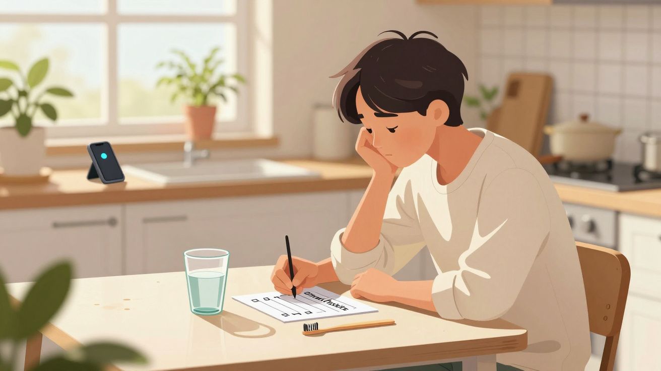 Homem jovem sentado a escrever num papel numa cozinha moderna, com um copo de água e plantas ao fundo.