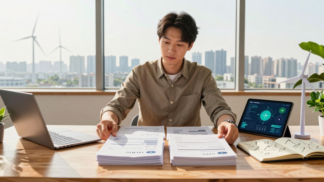 Homem a analisar documentos sobre energia eólica com laptop e tablet numa mesa junto a janelas grandes.