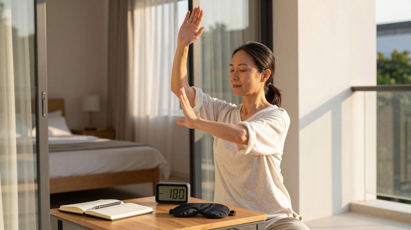 Mulher a praticar meditação com olhos fechados e braços erguidos, sentada num quarto iluminado.