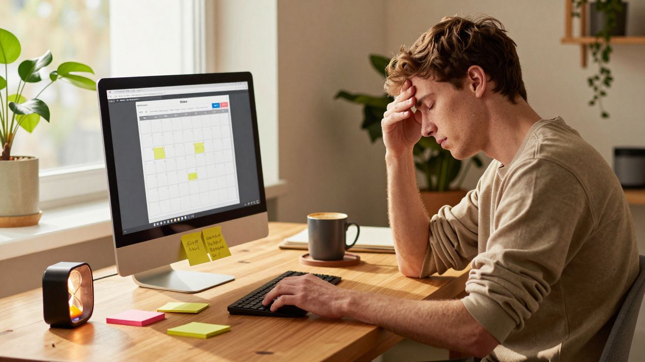 Homem preocupado a olhar para o ecrã do computador com calendário aberto, sentado numa secretária arrumada.