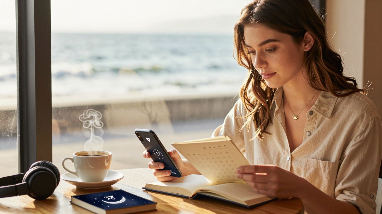 Jovem a ler e usar telemóvel numa mesa com café e auscultadores junto a uma janela com vista para o mar.