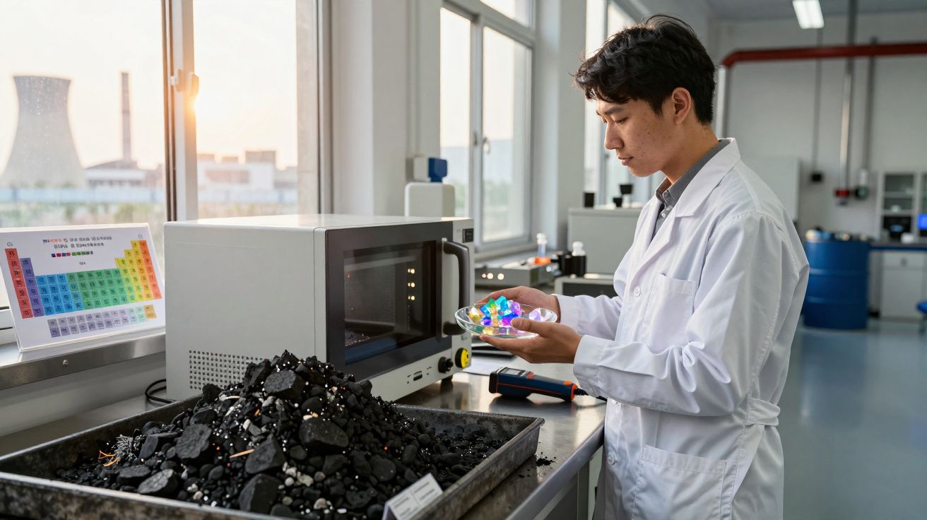 Cientista em laboratório a analisar material colorido próximo a forno e amontoado de carvão.