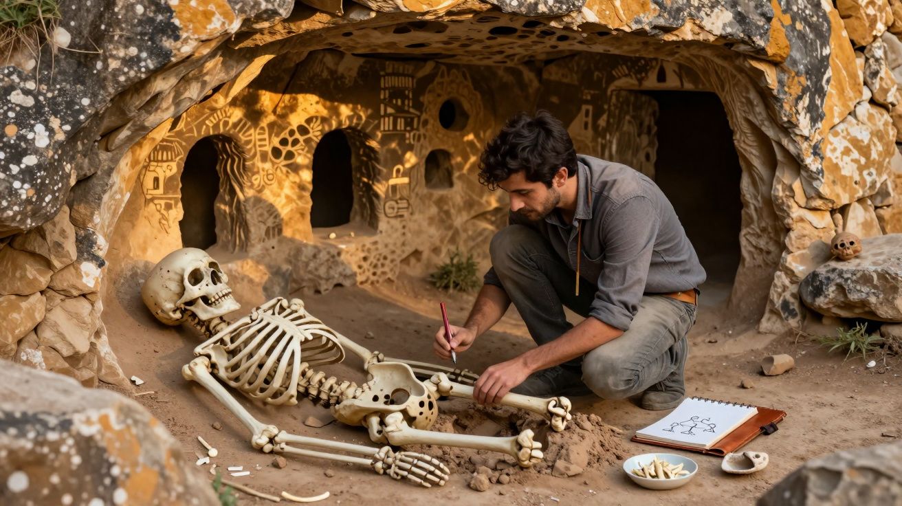 Homem a escavar e estudar um esqueleto em sítio arqueológico com desenhos nas paredes da caverna.