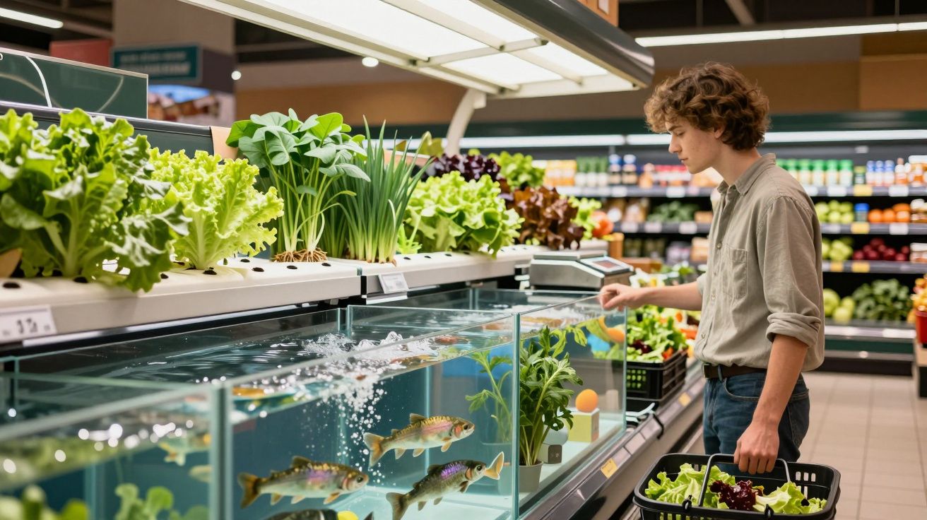 Jovem com cesto de compras observa peixes em aquário junto a legumes frescos numa mercearia.