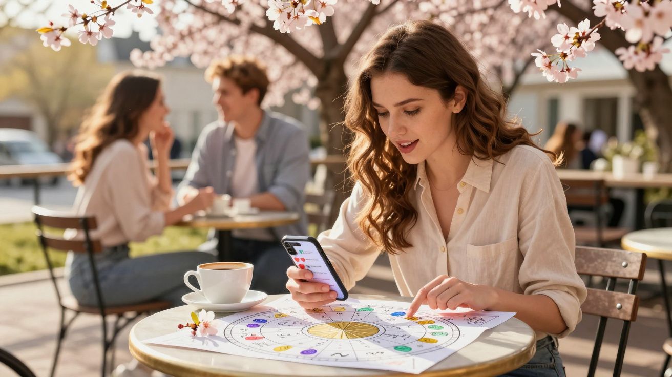 Mulher sentada numa esplanada debaixo de flores de cerejeira, a consultar um mapa astrológico e o telemóvel.
