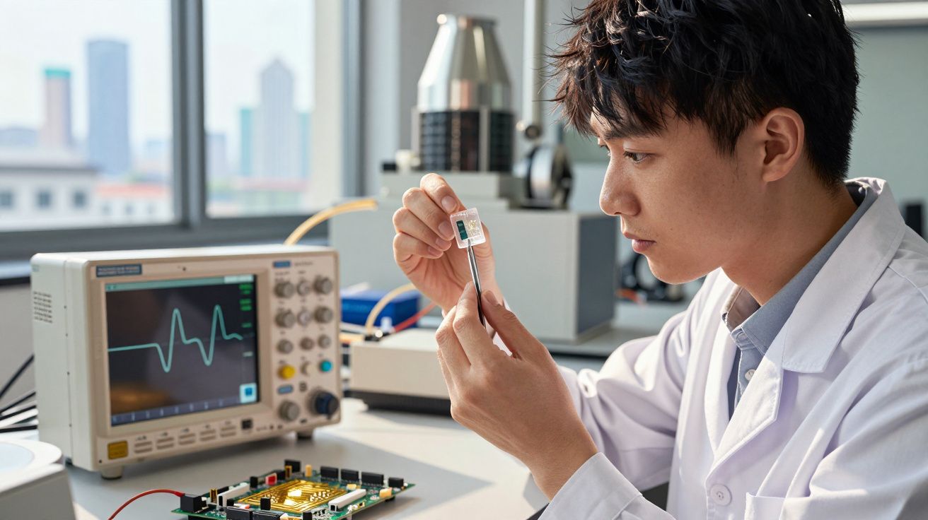 Homem em bata branca analisa componente eletrónico em laboratório com equipamento de medição ao fundo.