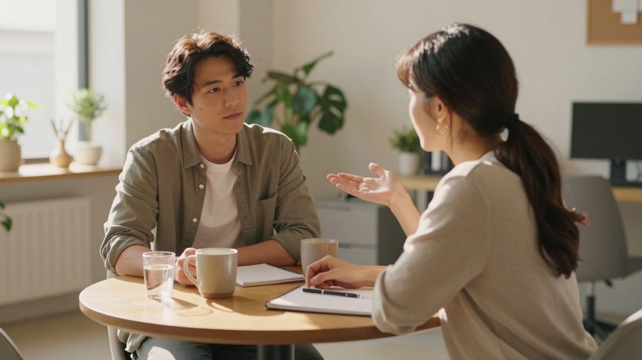 Duas pessoas sentadas à mesa a conversar, com cadernos, canecas e copo de água num ambiente iluminado.