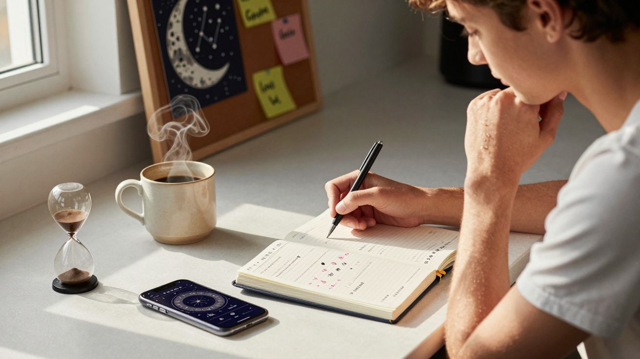 Pessoa a fazer anotações num caderno, com chá, ampulheta e telemóvel à sua frente, junto a uma janela.