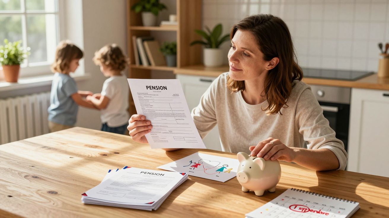 Mulher analisa documentos de pensão na cozinha com dois filhos ao fundo a brincar junto à janela.