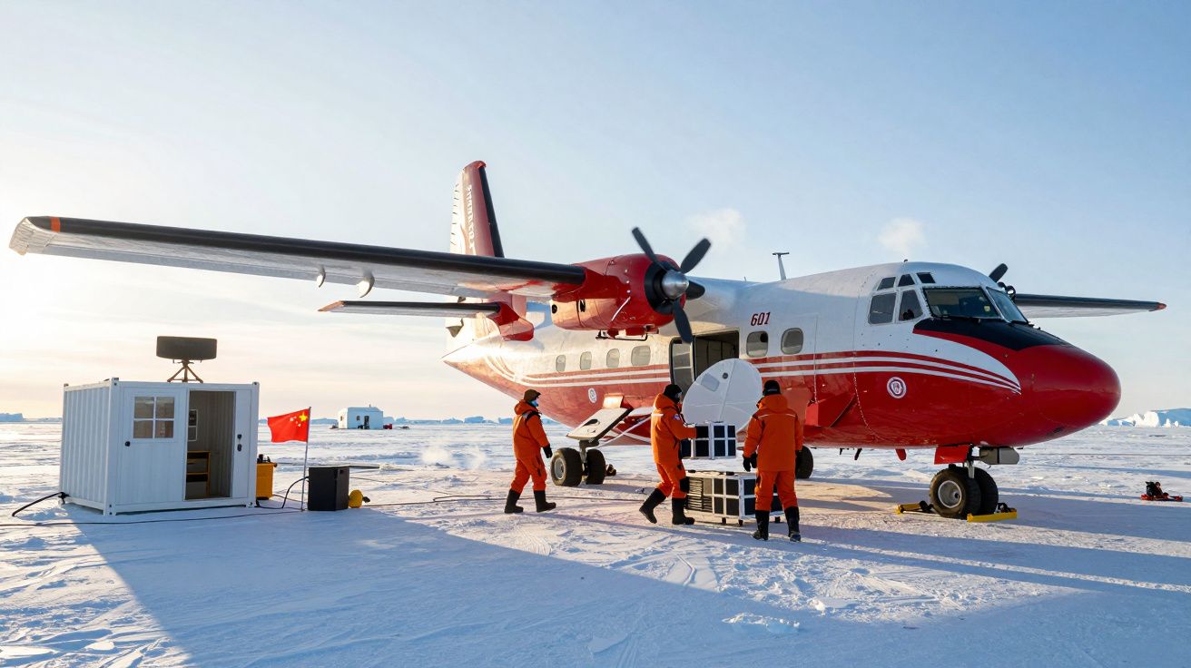 Avião vermelho e branco na neve com três pessoas em fato laranja a descarregar equipamento perto de cabina.