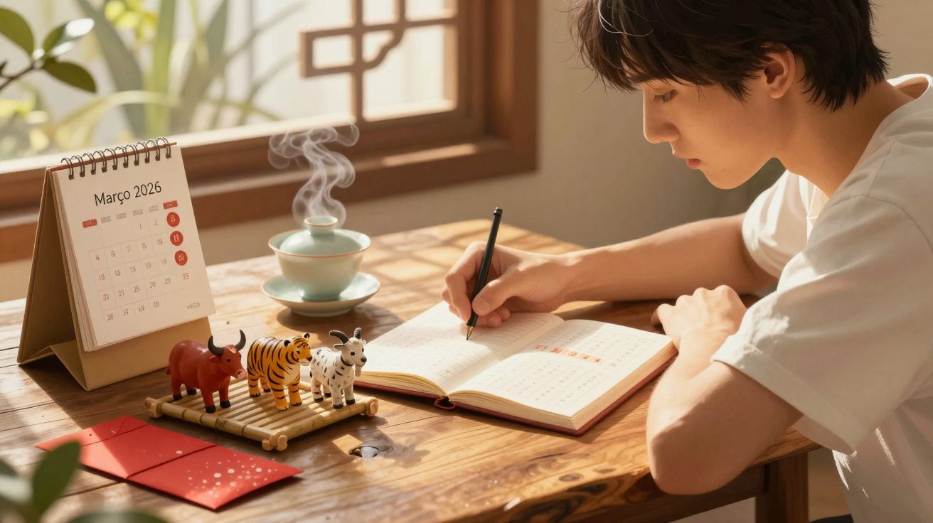 Pessoa a escrever num diário numa mesa de madeira com calendário de março 2026 e chá fumegante.