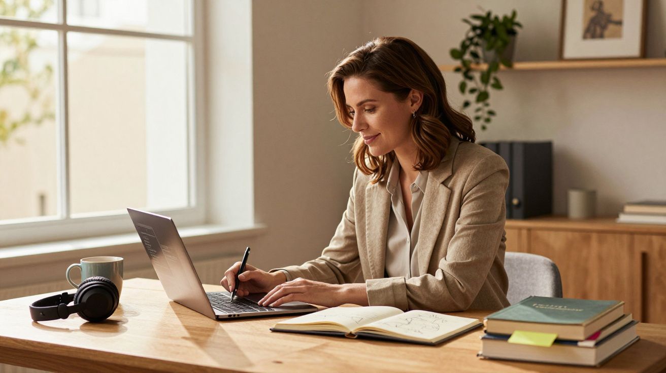 Mulher sentada a trabalhar num portátil numa mesa com cadernos, livros e auscultadores junto a uma janela.