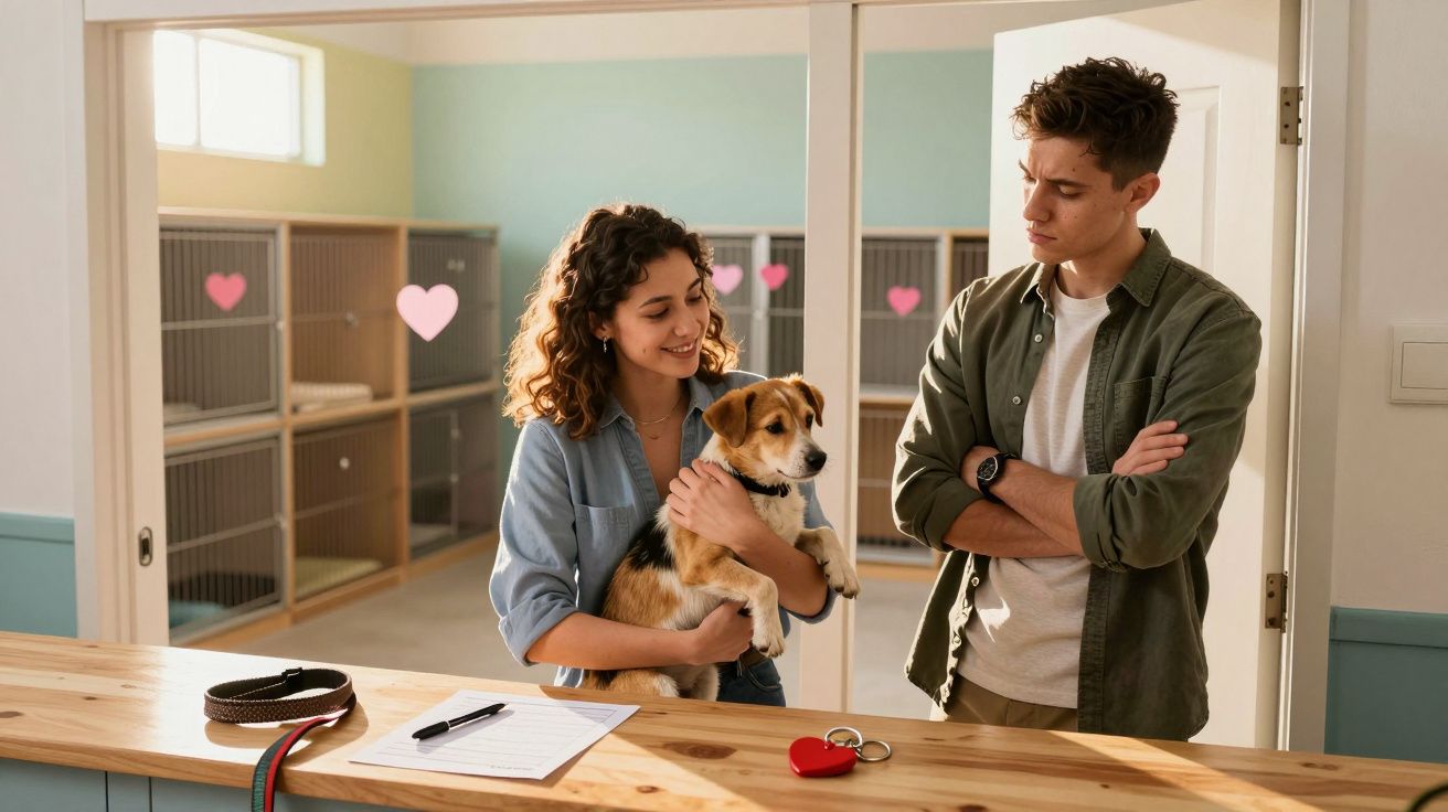 Casal no abrigo de animais a decidir e a segurar um cachorro que pode ser adotado.