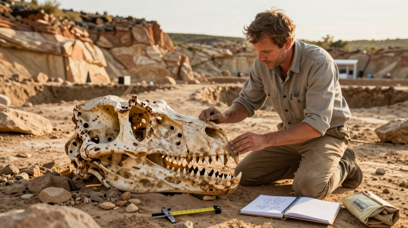 Homem a examinar um grande crânio fossilizado num sítio arqueológico com ferramentas e caderno ao lado.