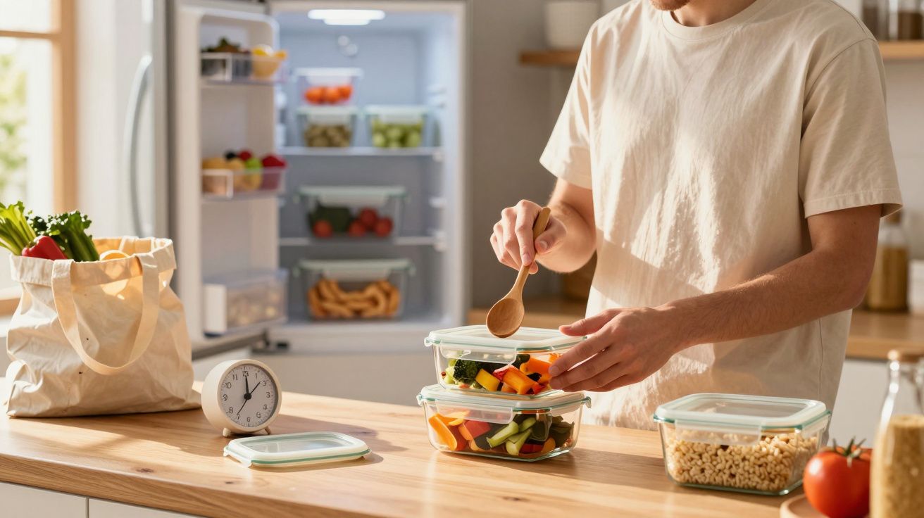 Pessoa a preparar refeições com legumes frescos em recipientes de vidro na cozinha iluminada.