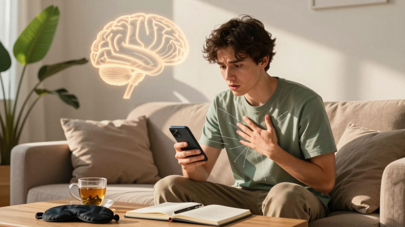 Jovem com expressão preocupada olha para telemóvel sentado no sofá, com ilustração de cérebro iluminado ao lado.
