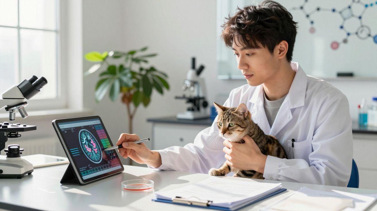 Veterinário com bata branca examina gato enquanto analisa imagens médicas num tablet num laboratório iluminado.