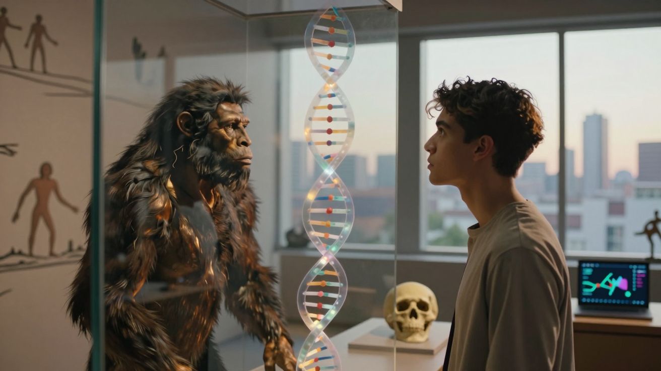 Jovem observa modelo de DNA entre si e figura de homem primitivo num museu moderno.