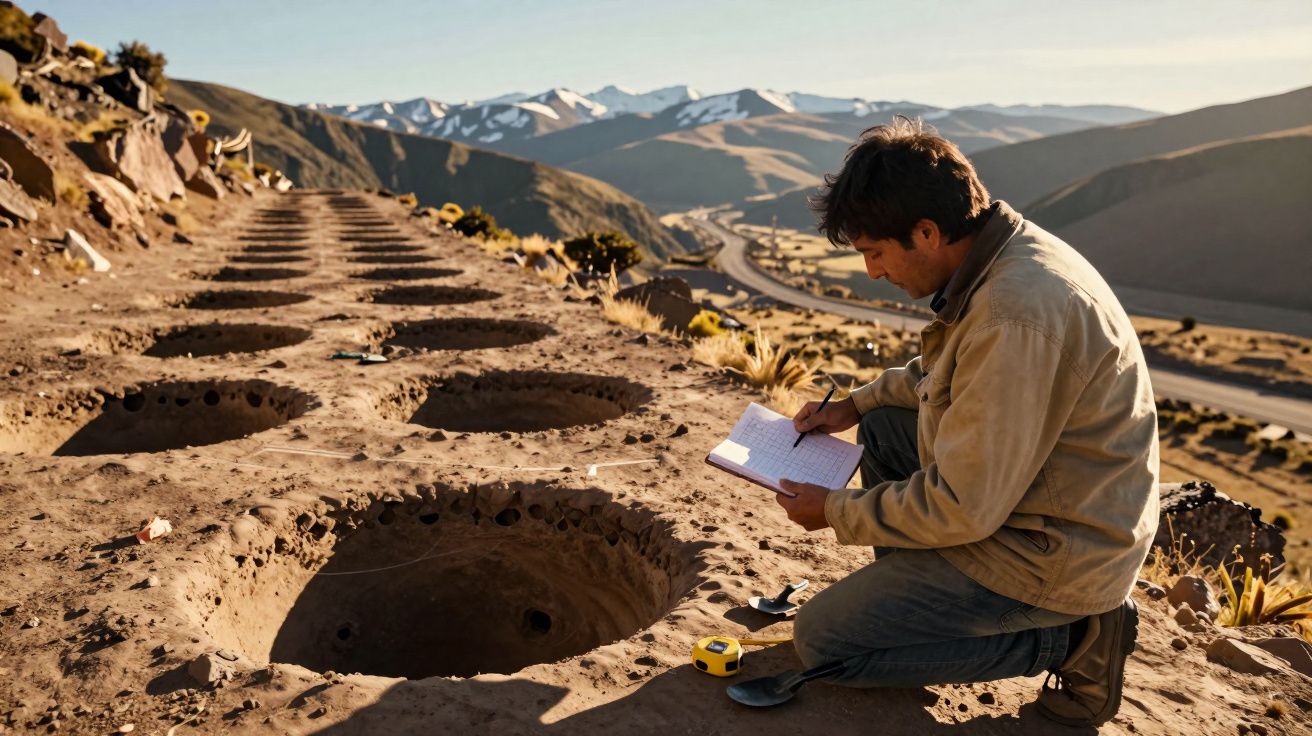 Homem regista dados ao lado de buracos circulares cavados no solo montanhoso ao pôr do sol.