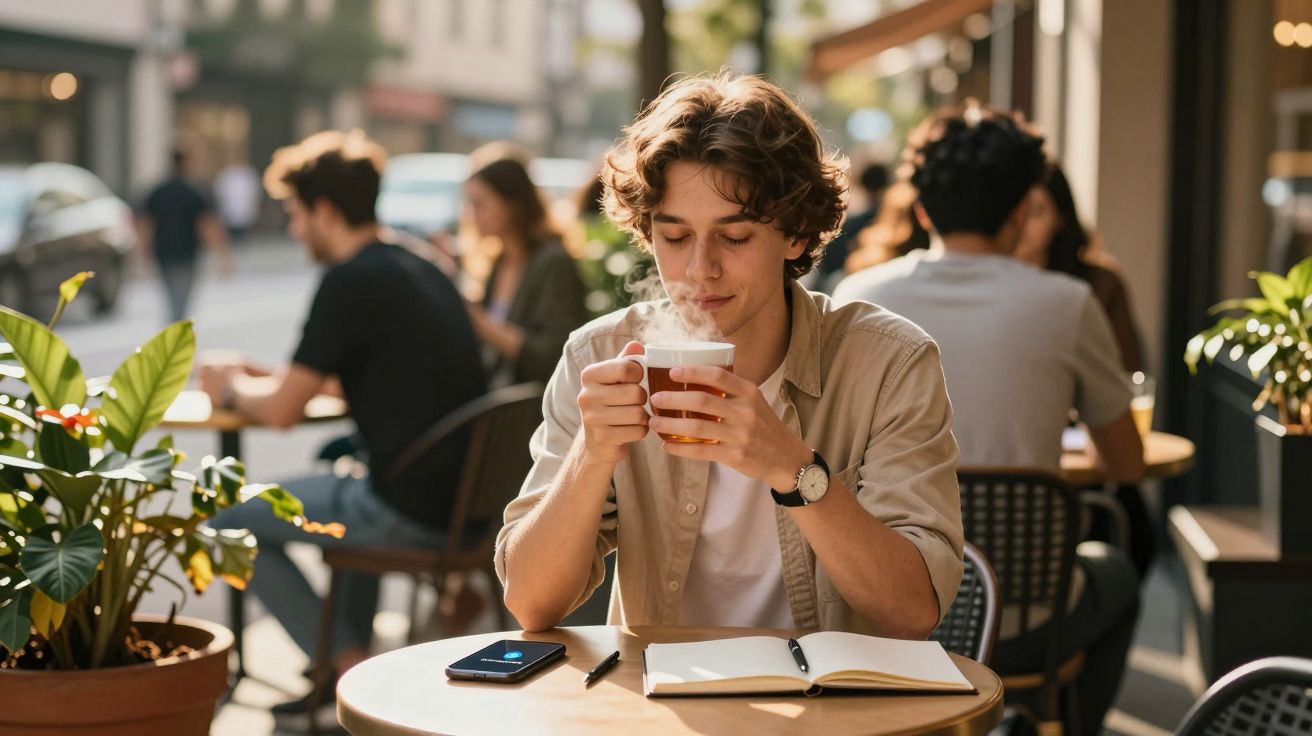 Jovem sentado numa esplanada, a beber bebida quente, com caderno e telemóvel sobre a mesa.