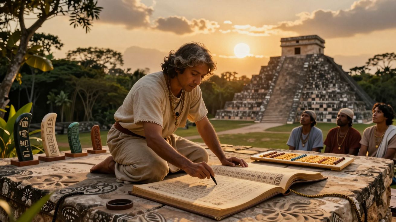 Homem escreve em livro antigo ao pôr do sol com pirâmide maia e três pessoas sentadas ao fundo.