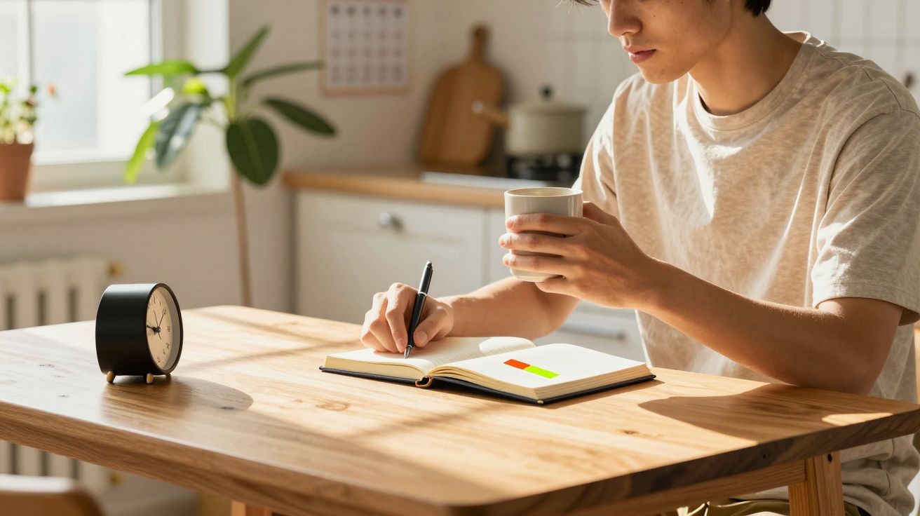 Pessoa a escrever num caderno enquanto segura uma chávena numa cozinha iluminada pela luz do sol.