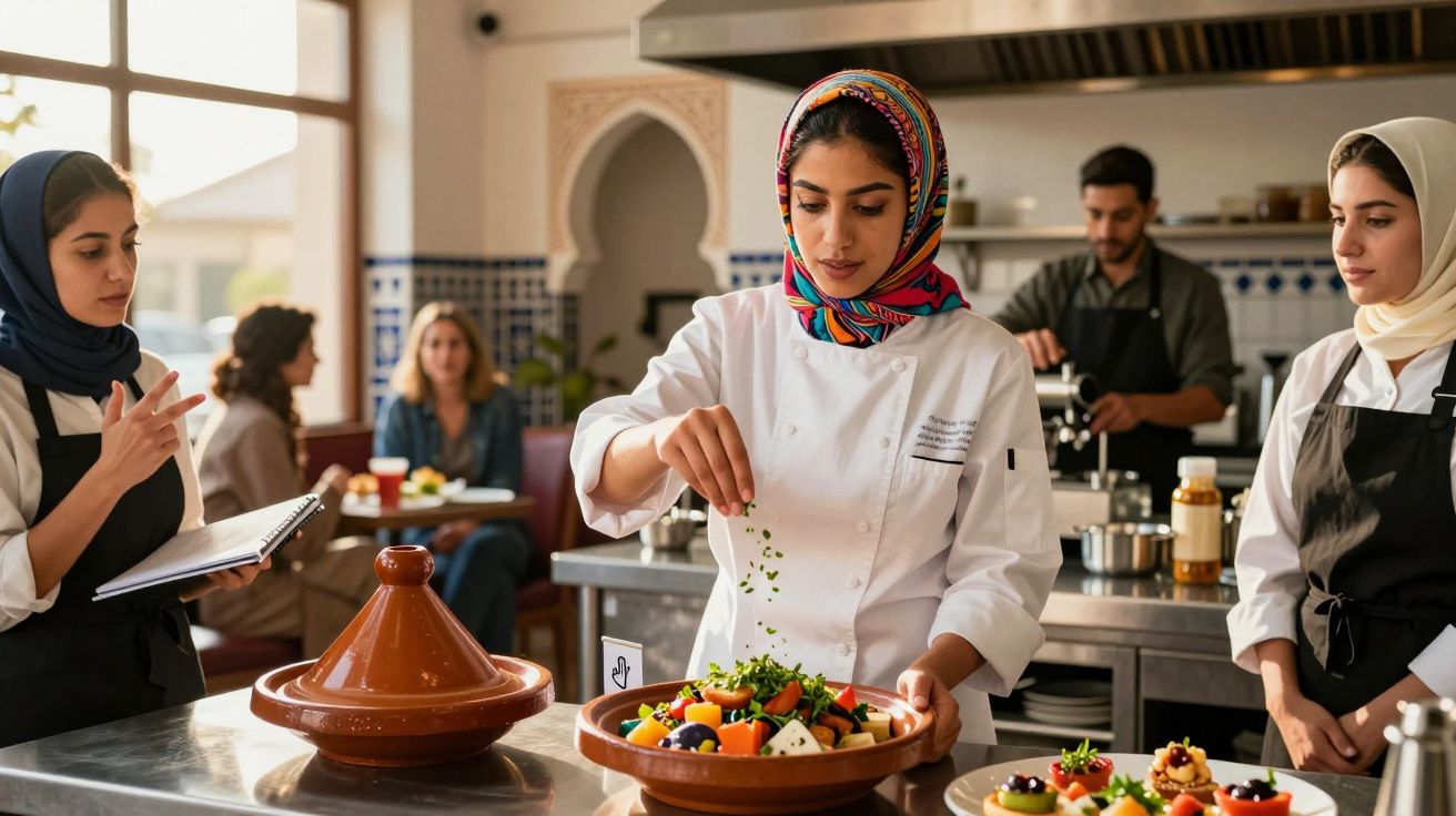 Chef com lenço na cabeça a decorar prato de salada em cozinha profissional, outras pessoas observam e anotam.