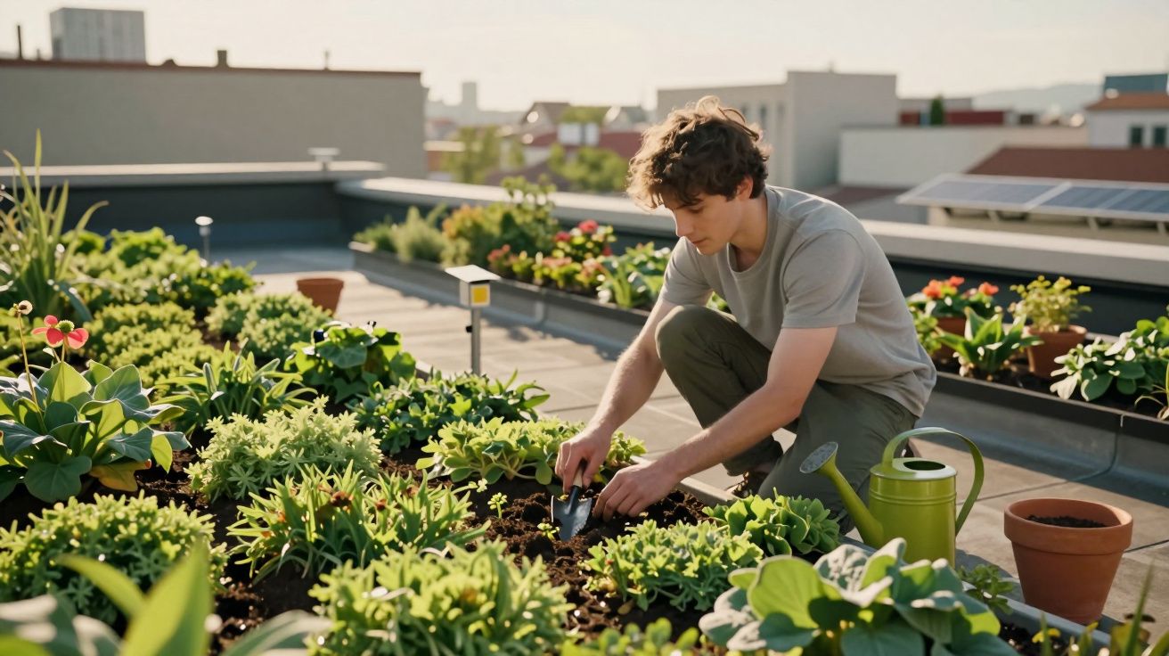 Jovem a cuidar de um jardim urbano num terraço, rodeado de plantas verdes e flores coloridas ao entardecer.
