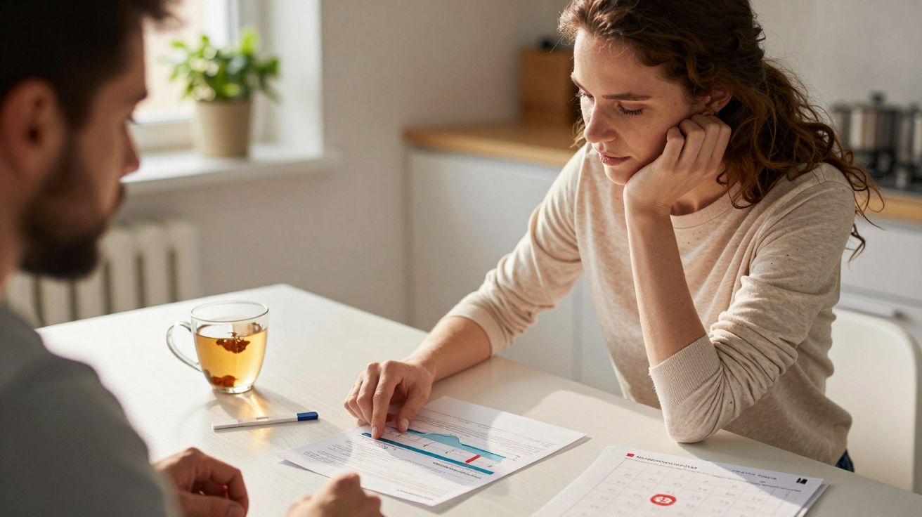 Mulher a analisar documentos com gráficos numa mesa, com chá ao lado, em ambiente doméstico.
