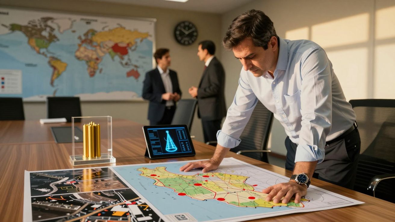 Homem a analisar mapa com pontos vermelhos numa sala de reuniões com dois homens ao fundo em discussão.