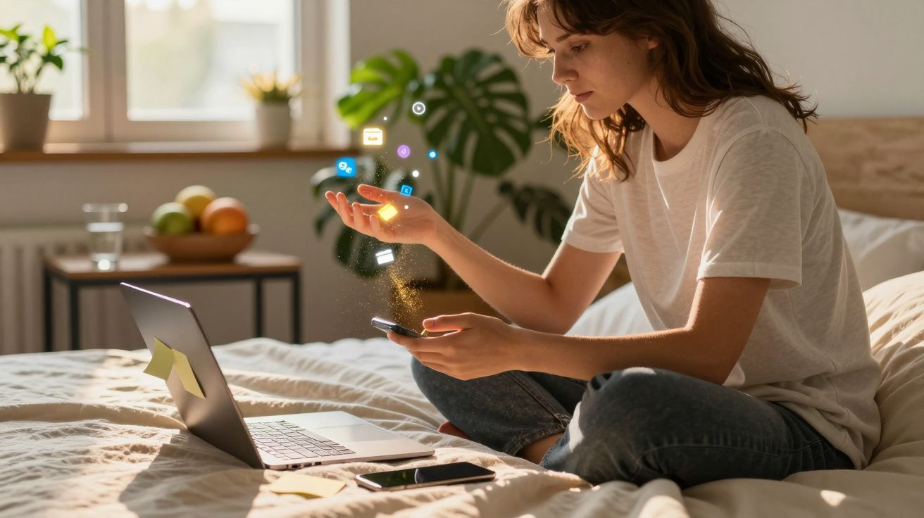 Mulher sentada na cama a usar portátil e smartphone com ícones digitais flutuando acima da mão.