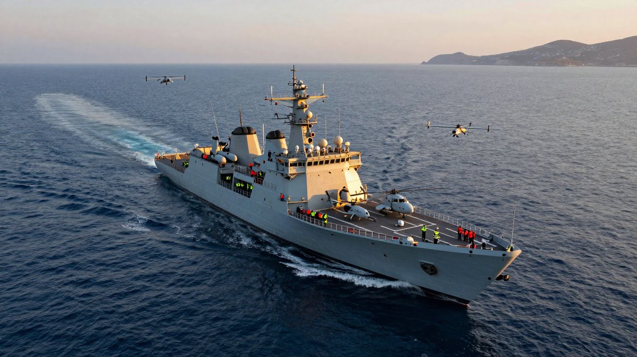 Fragata em alto mar com várias pessoas a bordo e dois helicópteros a voar nas proximidades.