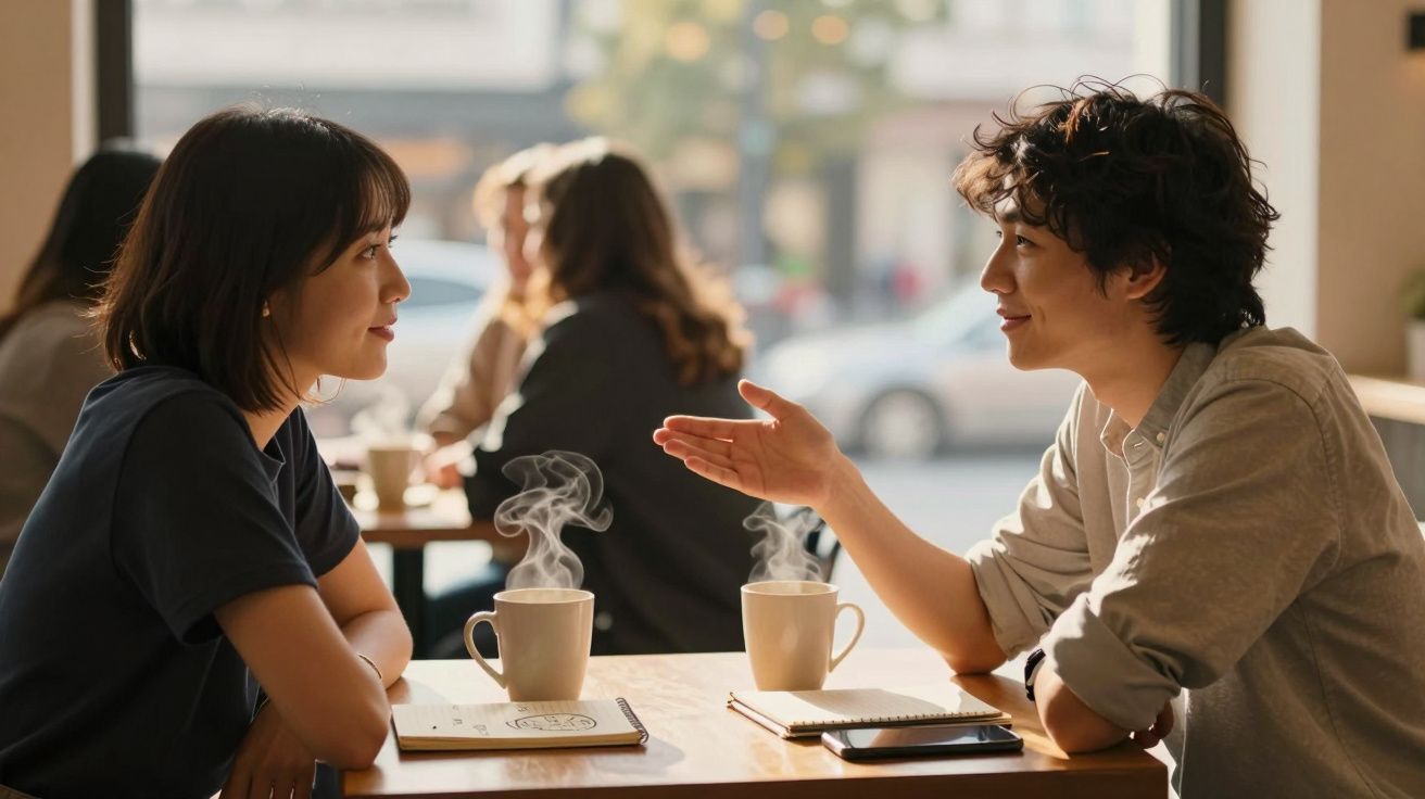 Duas pessoas conversam numa cafetaria, cada uma com uma chávena de café fumegante à sua frente.