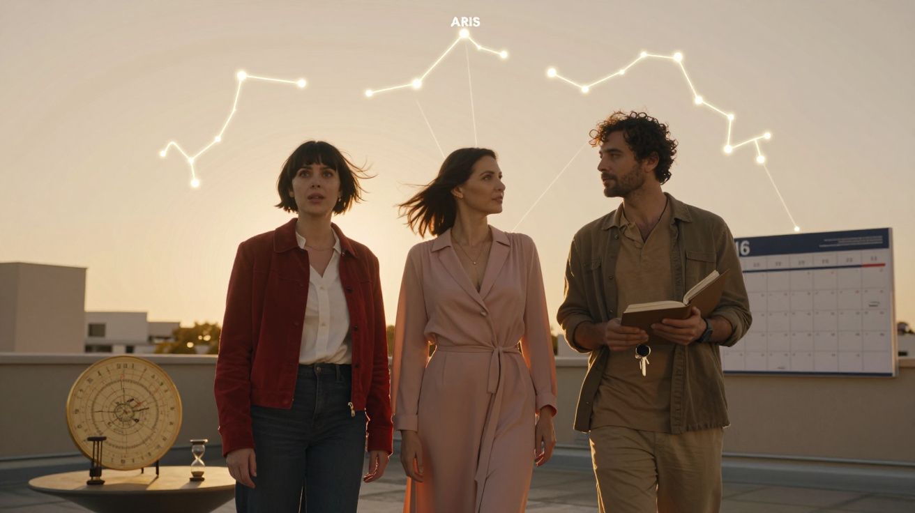 Três pessoas numa cobertura ao pôr do sol com constelações e o nome "ARIS" no céu.