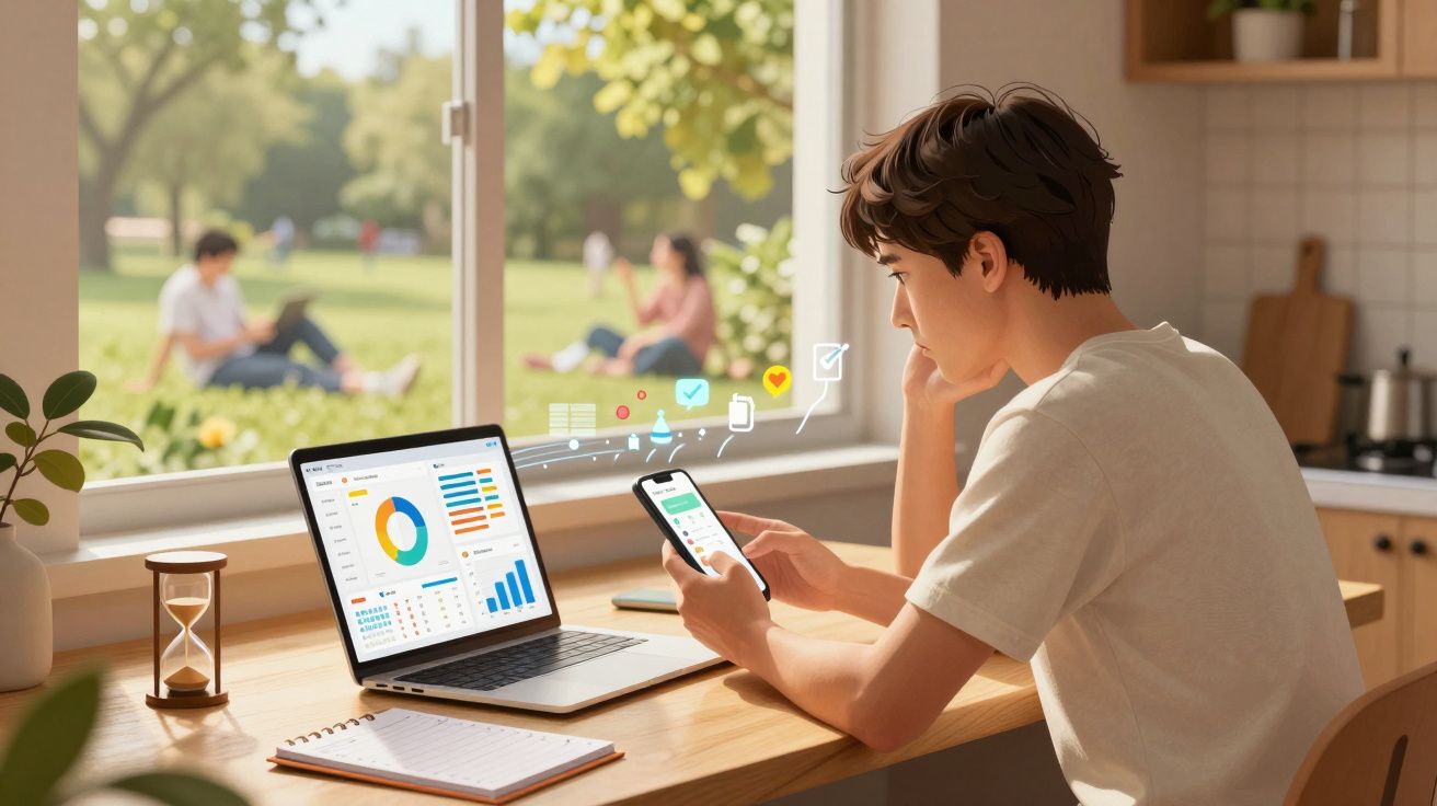 Jovem a trabalhar num computador portátil e a usar telemóvel numa mesa junto a uma janela com vista para um parque.