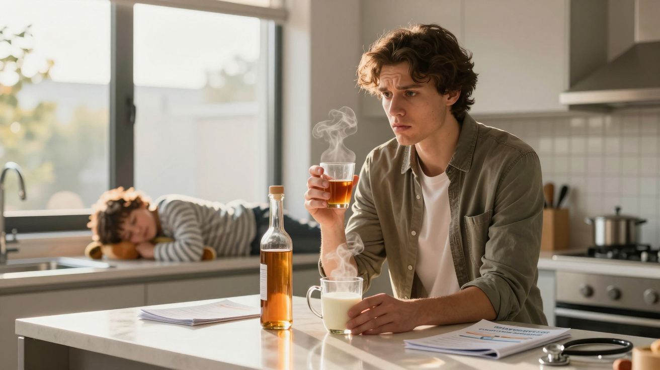 Homem pensativo bebe chá quente na cozinha, enquanto criança repousa na bancada junto à janela.