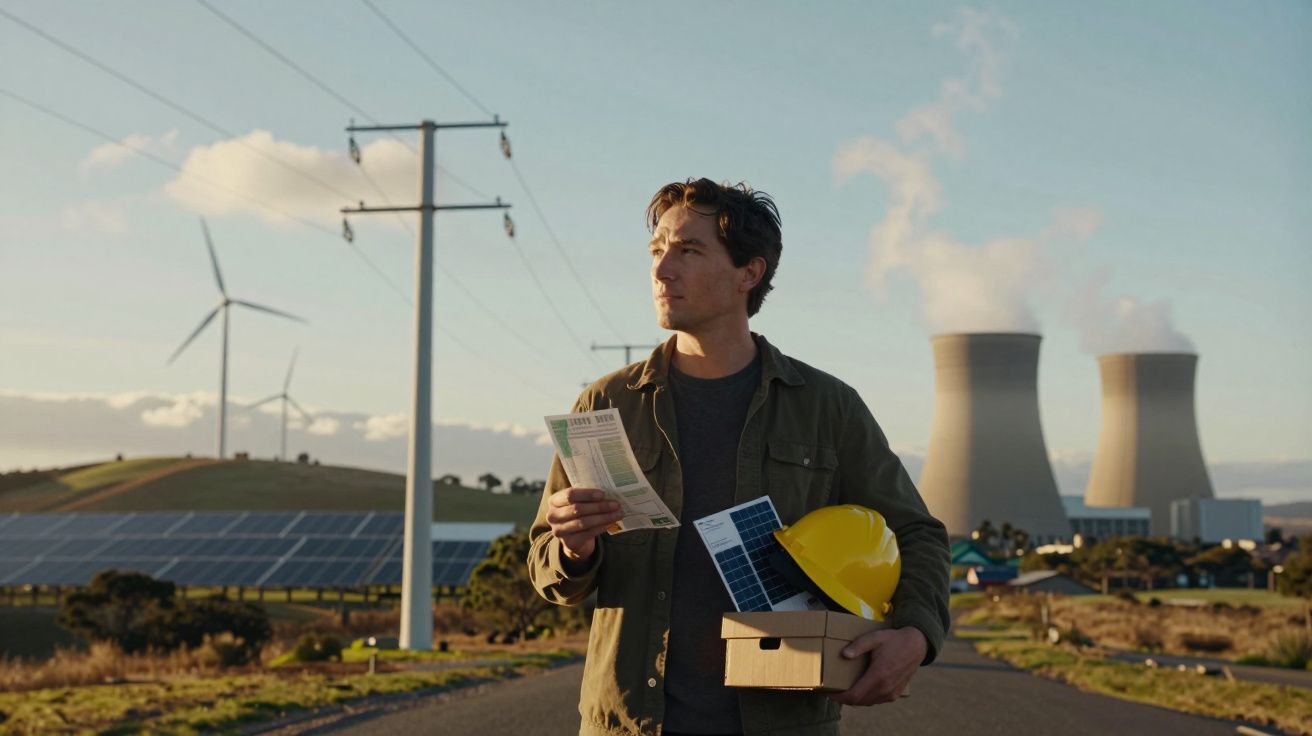 Homem com capacete e painéis solares, junto a turbinas eólicas e central nuclear ao fundo.
