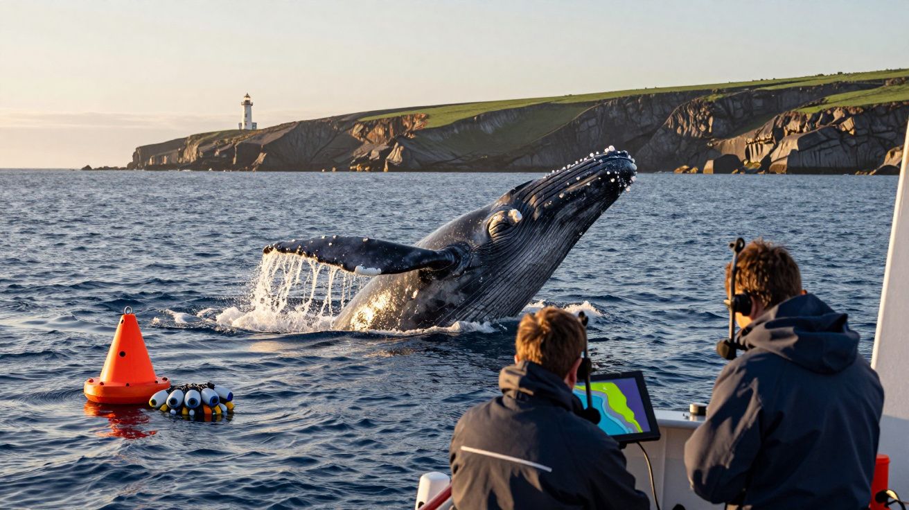 Baleia a saltar perto de um barco com duas pessoas a observar e farol e falésias ao fundo.