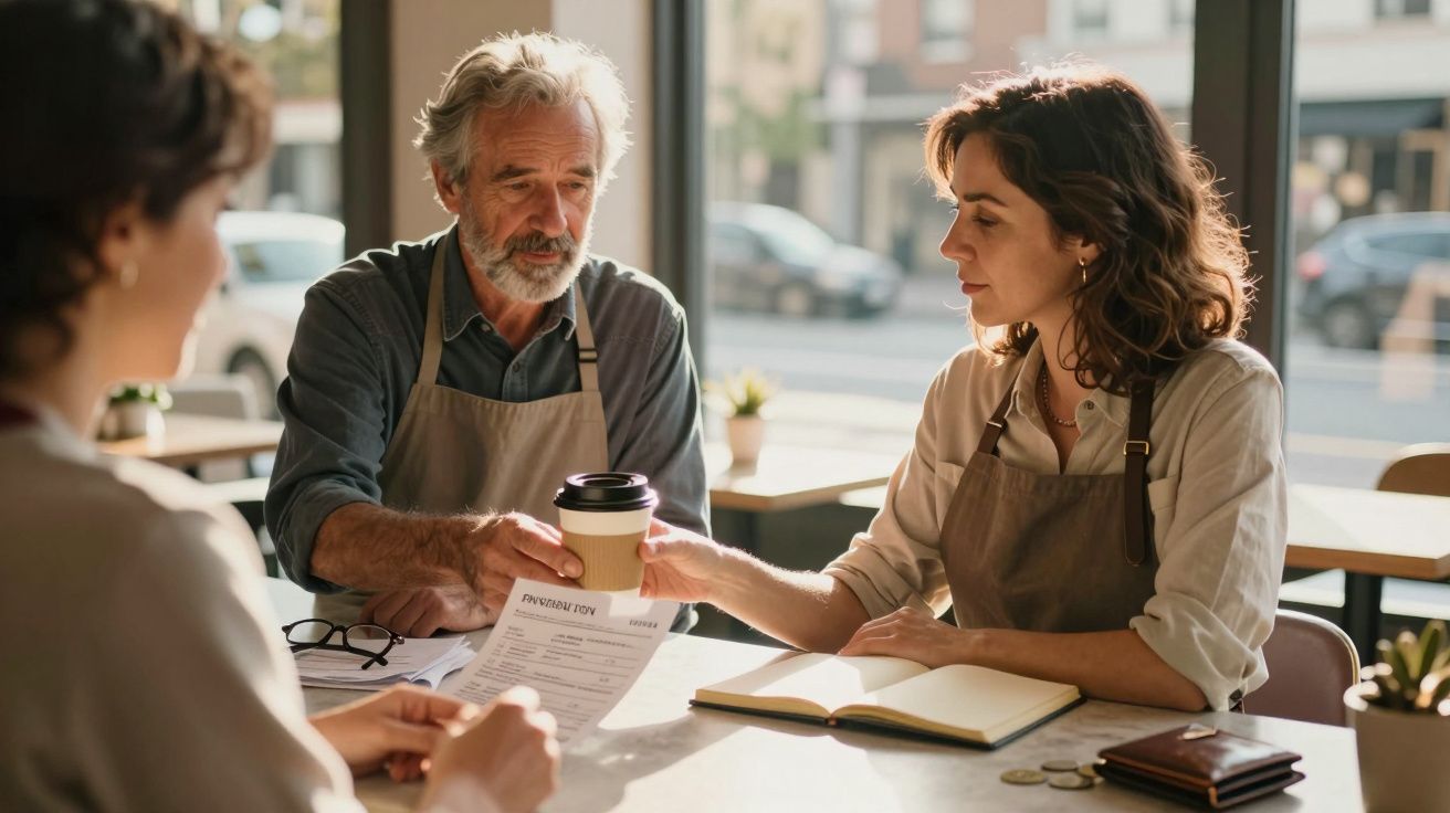 Homem e mulher com aventais trocando um café enquanto discutem documentos num café iluminado.