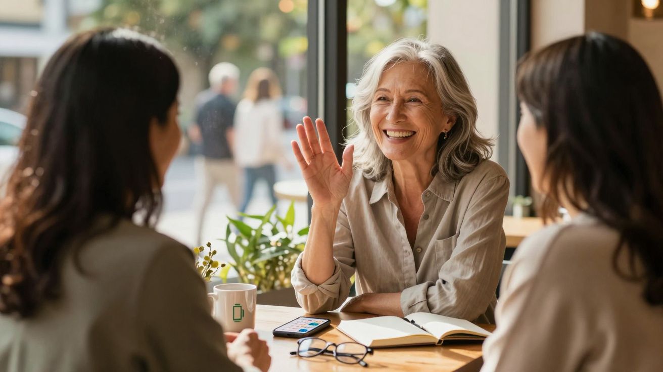Mulher sénior sorri e acena enquanto conversa com duas mulheres em café iluminado pela luz natural.
