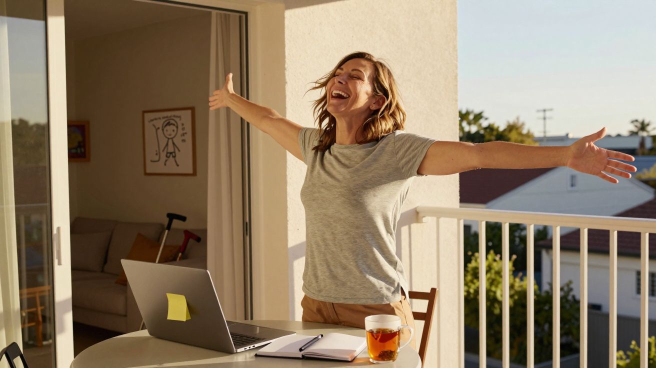 Mulher de braços abertos, sorrindo, numa varanda com laptop, chá e caderno numa mesa à frente.
