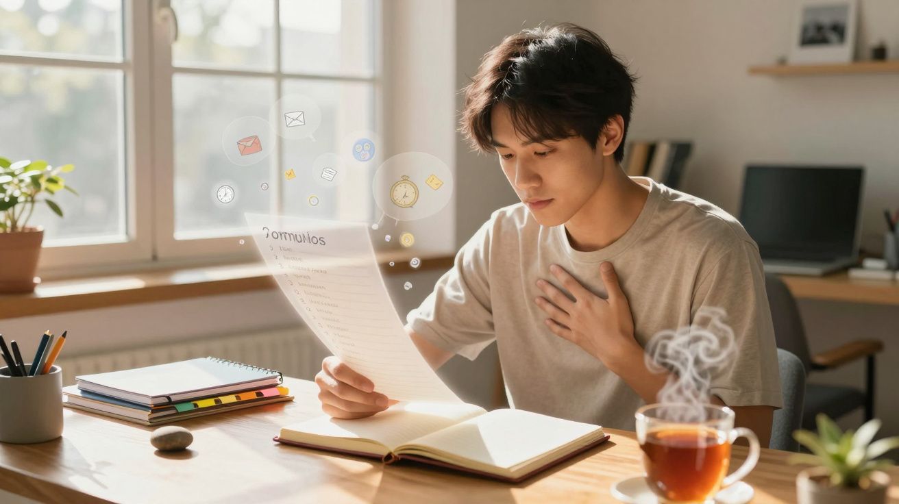 Jovem a ler documento com fórmulas numa mesa junto a janela, rodeado de livros e chá quente.