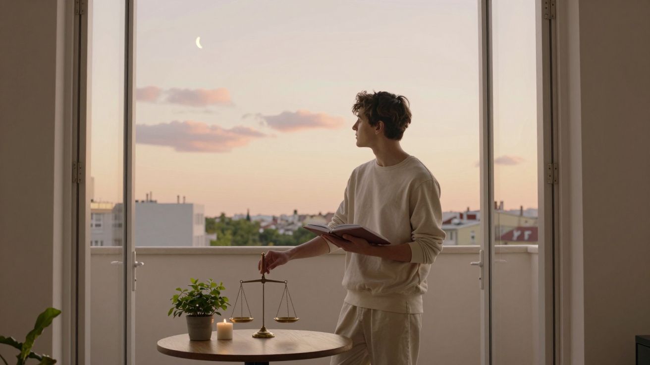 Jovem de pé numa varanda ao entardecer, segurando um livro, com uma balança e uma vela numa mesa redonda.