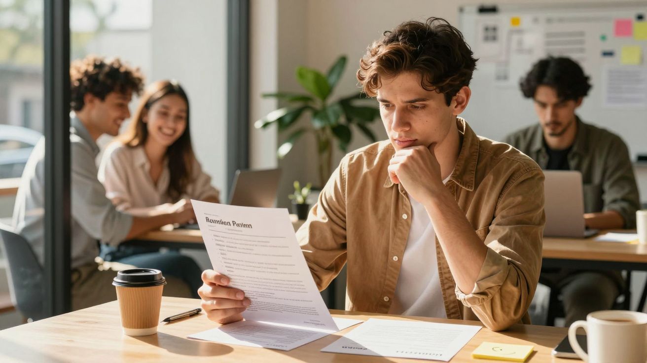 Jovem concentrado a ler documento no escritório com colegas e computadores ao fundo.