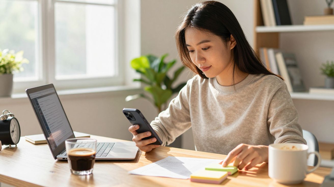 Mulher sentada a trabalhar com telemóvel, portátil, papéis e café numa mesa junto à janela.