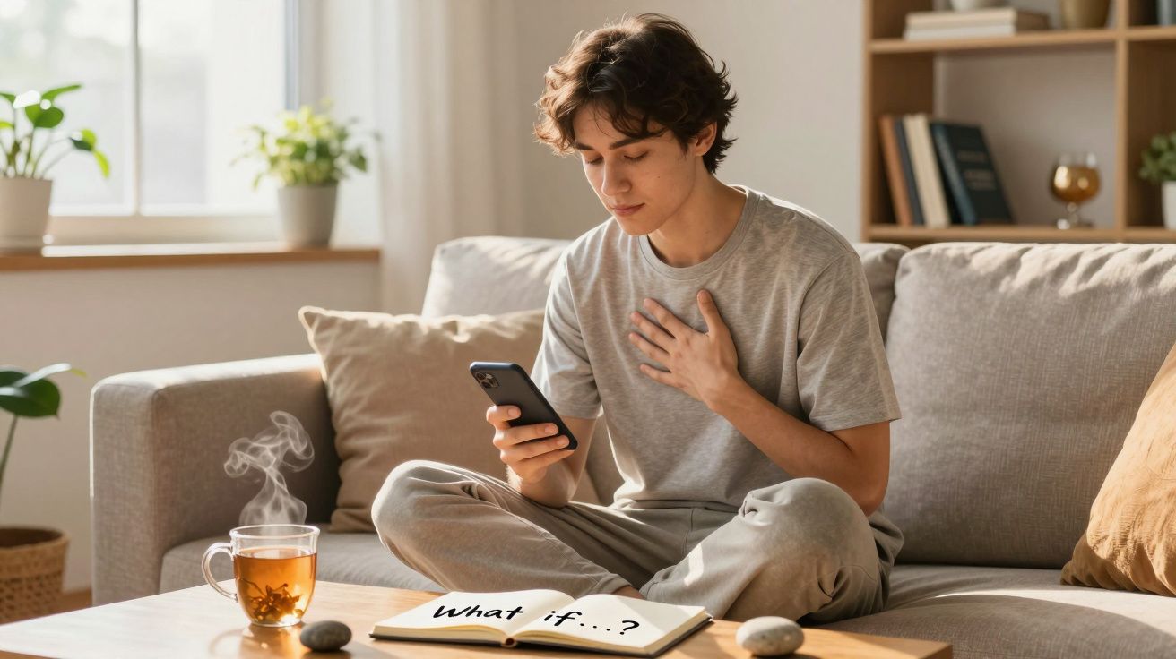 Jovem sentado no sofá, segurando o telemóvel, com chá quente e livro aberto com texto em inglês na mesa.