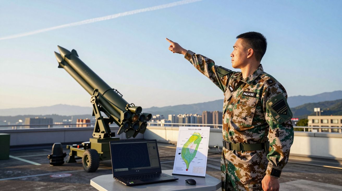 Militar em farda camuflada aponta enquanto observa míssil e equipamentos técnicos numa cobertura.